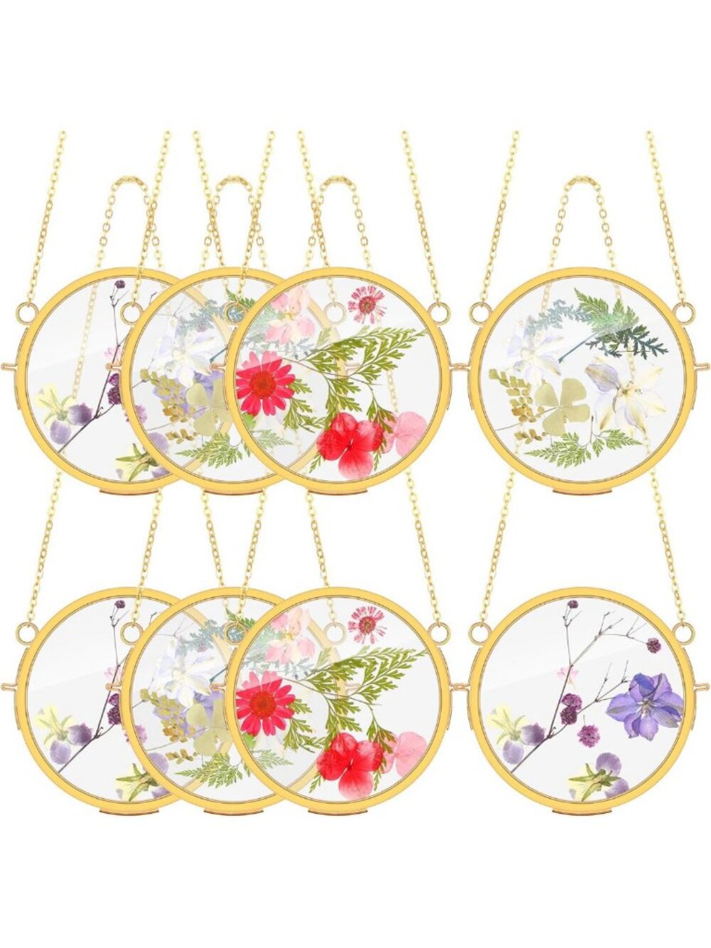 8 Pack Round Hanging Glass Frames - Small Brass Photo Holders in Gold Finish